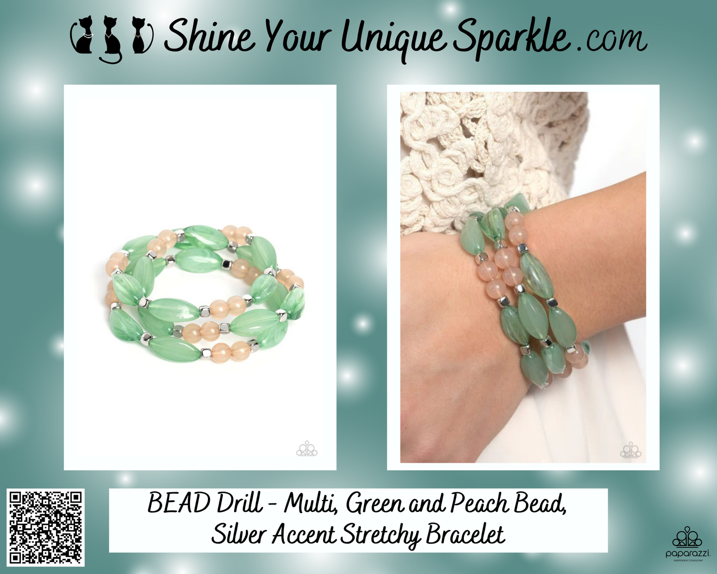 BEAD Drill - Multi, Green and Peach Bead, Silver Accent Stretchy Bracelet