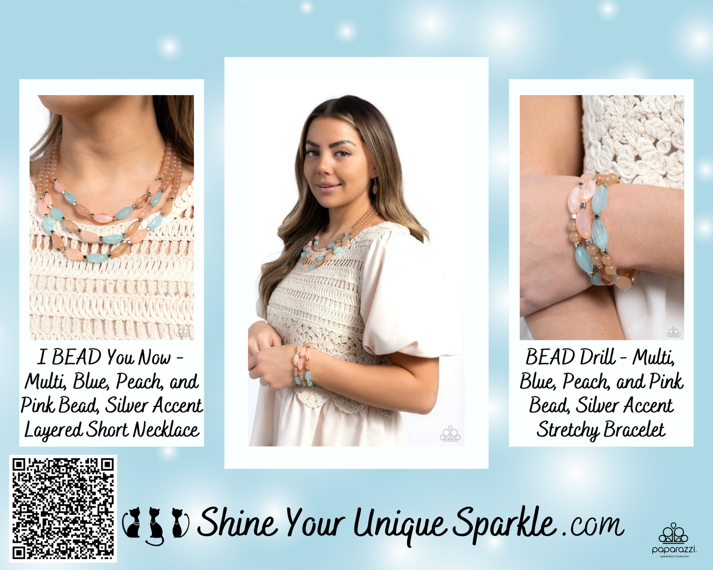 PERFECT MATCH / SET: I BEAD You Now - Multi, Blue, Peach, and Pink Bead, Silver Accent Layered Short Necklace AND BEAD Drill - Multi, Blue, Peach, and Pink Bead, Silver Accent Stretchy Bracelet