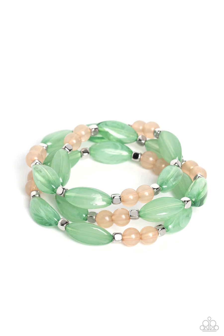 BEAD Drill - Multi, Green and Peach Bead, Silver Accent Stretchy Bracelet