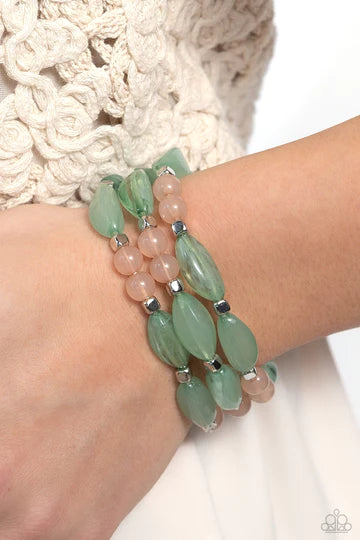 BEAD Drill - Multi, Green and Peach Bead, Silver Accent Stretchy Bracelet