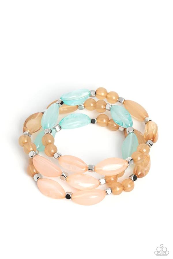 PERFECT MATCH / SET: I BEAD You Now - Multi, Blue, Peach, and Pink Bead, Silver Accent Layered Short Necklace AND BEAD Drill - Multi, Blue, Peach, and Pink Bead, Silver Accent Stretchy Bracelet