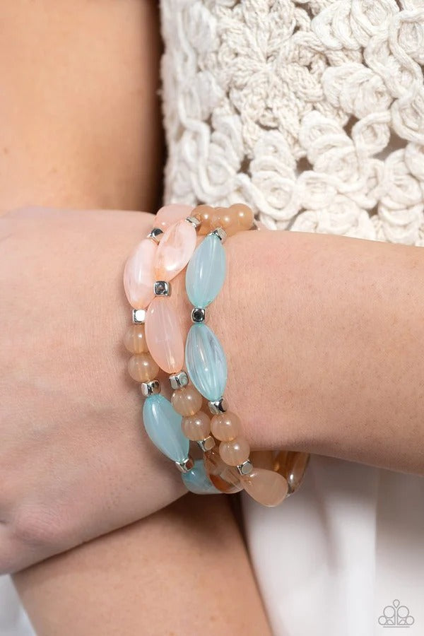 PERFECT MATCH / SET: I BEAD You Now - Multi, Blue, Peach, and Pink Bead, Silver Accent Layered Short Necklace AND BEAD Drill - Multi, Blue, Peach, and Pink Bead, Silver Accent Stretchy Bracelet