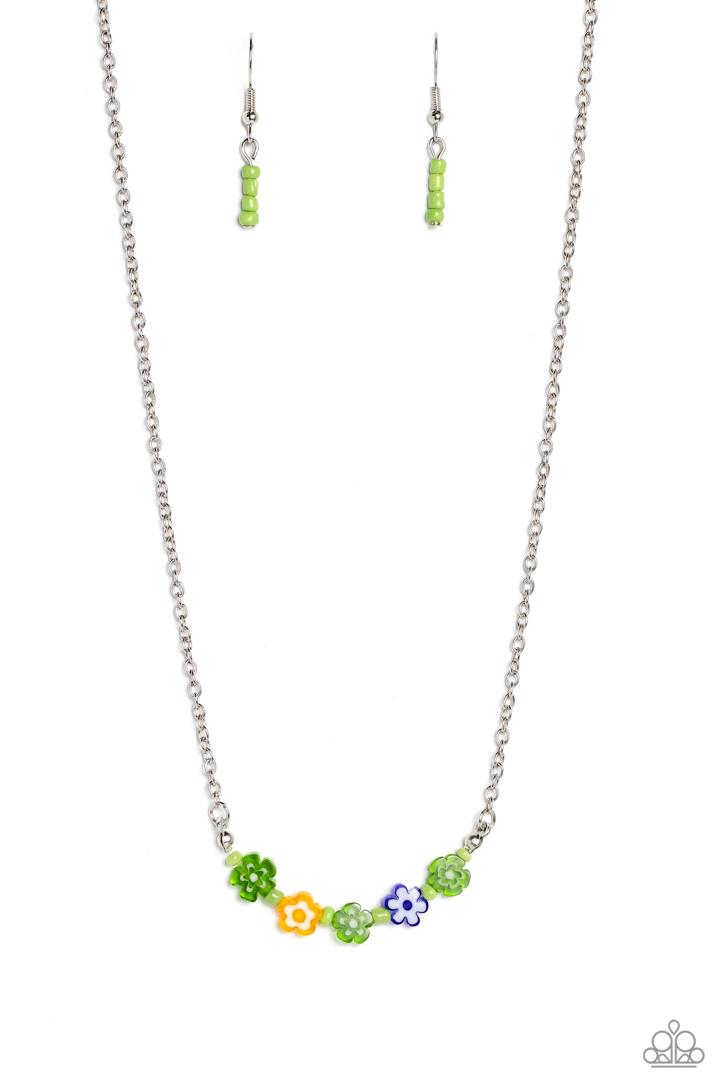 BOUQUET We Go - Green Floral Bead Silver Short Necklace