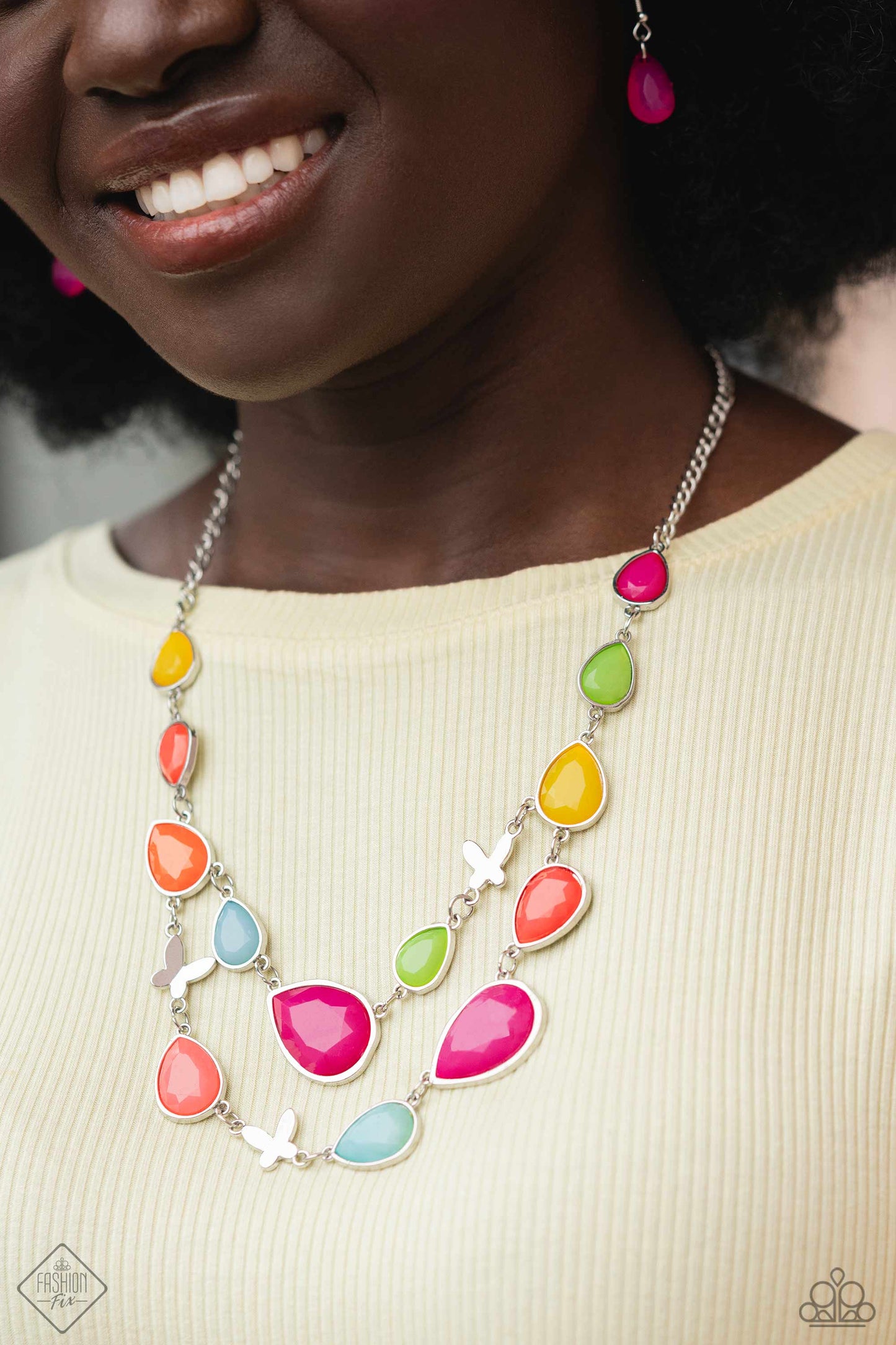 PERFECT MATCH / SET: BRIGHT Club - Multi Color Bead Silver Layered Short Necklace AND In All the BRIGHT Places - Multi Color Bead Silver Stretchy Bracelet - Fashion Fix