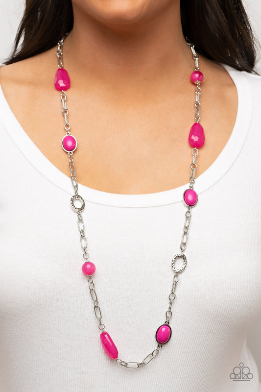 Barcelona Bash - Pink Bead Silver Medium-Length Necklace