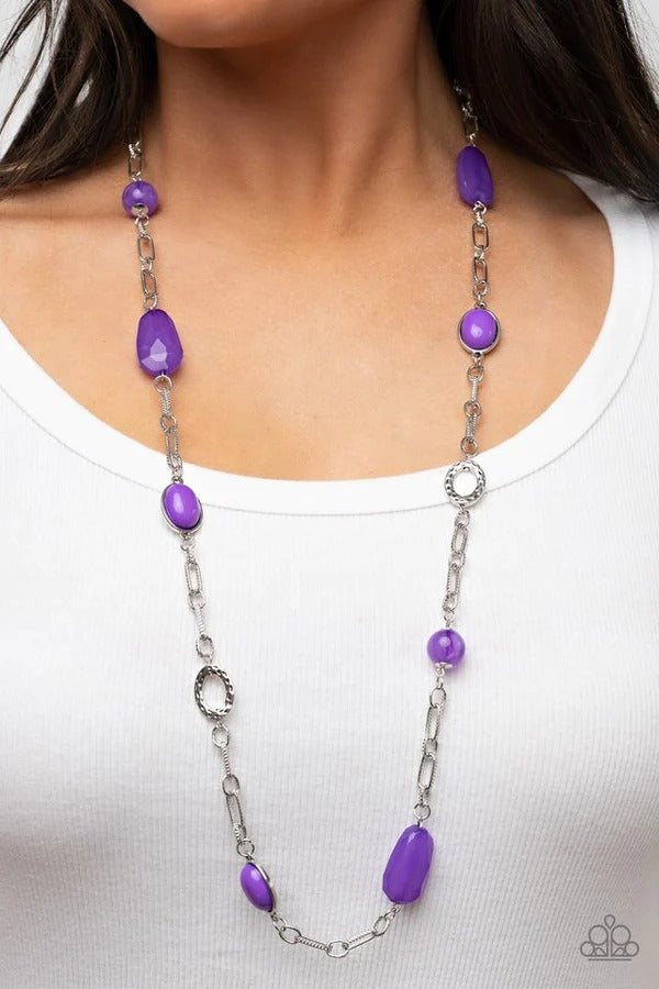 Barcelona Bash - Purple Bead Silver Medium-Length Necklace