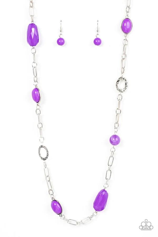 Barcelona Bash - Purple Bead Silver Medium-Length Necklace