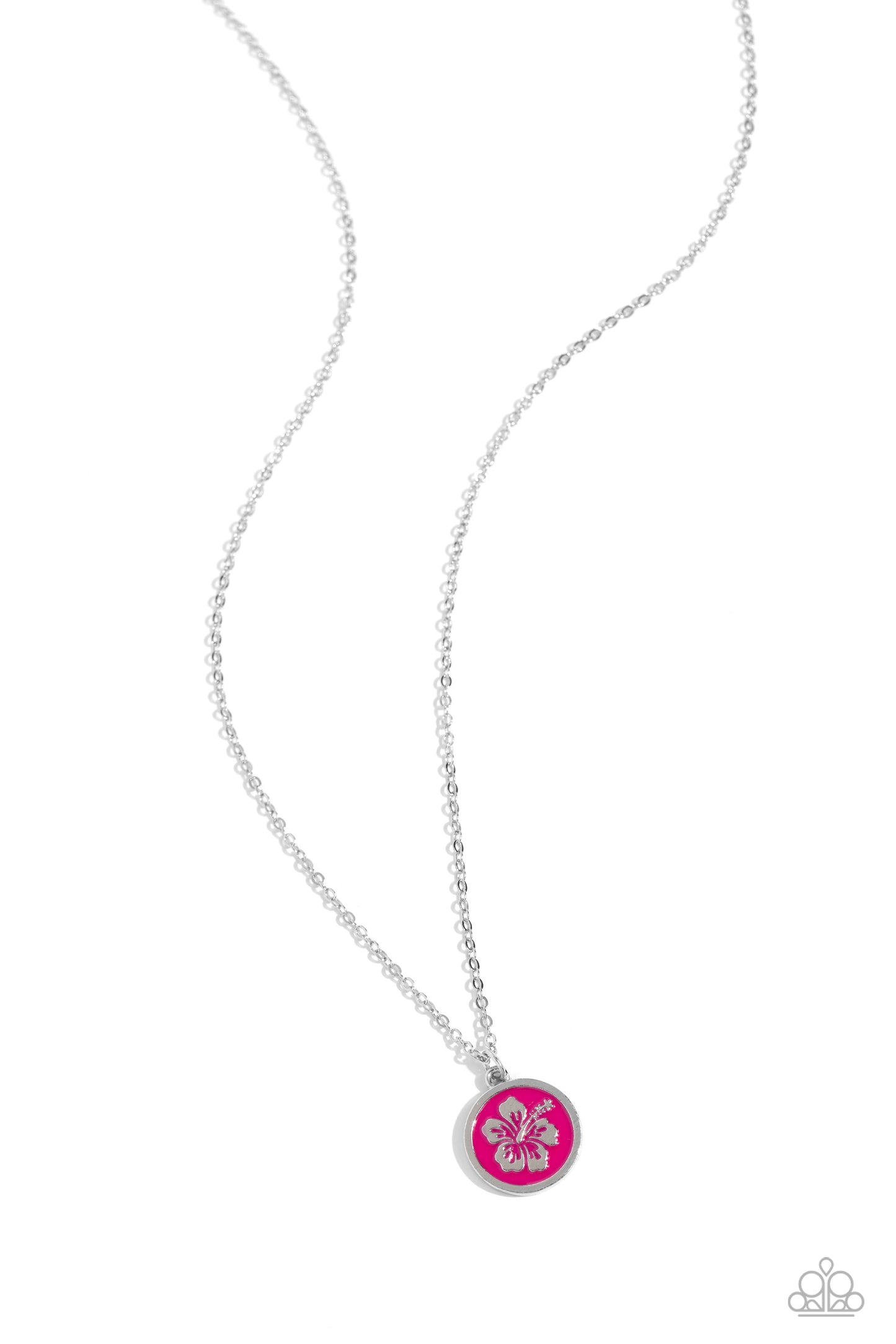 Beachy Basic - Pink Disc Silver Flower Short Necklace