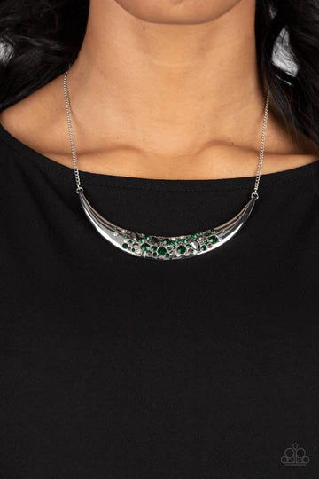 Bejeweled Baroness - Green Hematite Rhinestone Silver Crescent Short Necklace