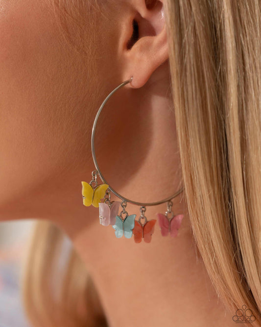 Bemusing Butterflies - Multi Color Butterfly Silver Hoop Post Earrings - Life of the Party