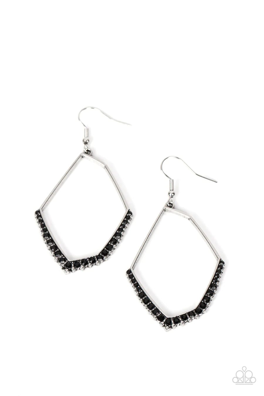 Bent on Success - Black Rhinestone Silver Geometric Earrings