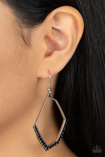 Bent on Success - Black Rhinestone Silver Geometric Earrings