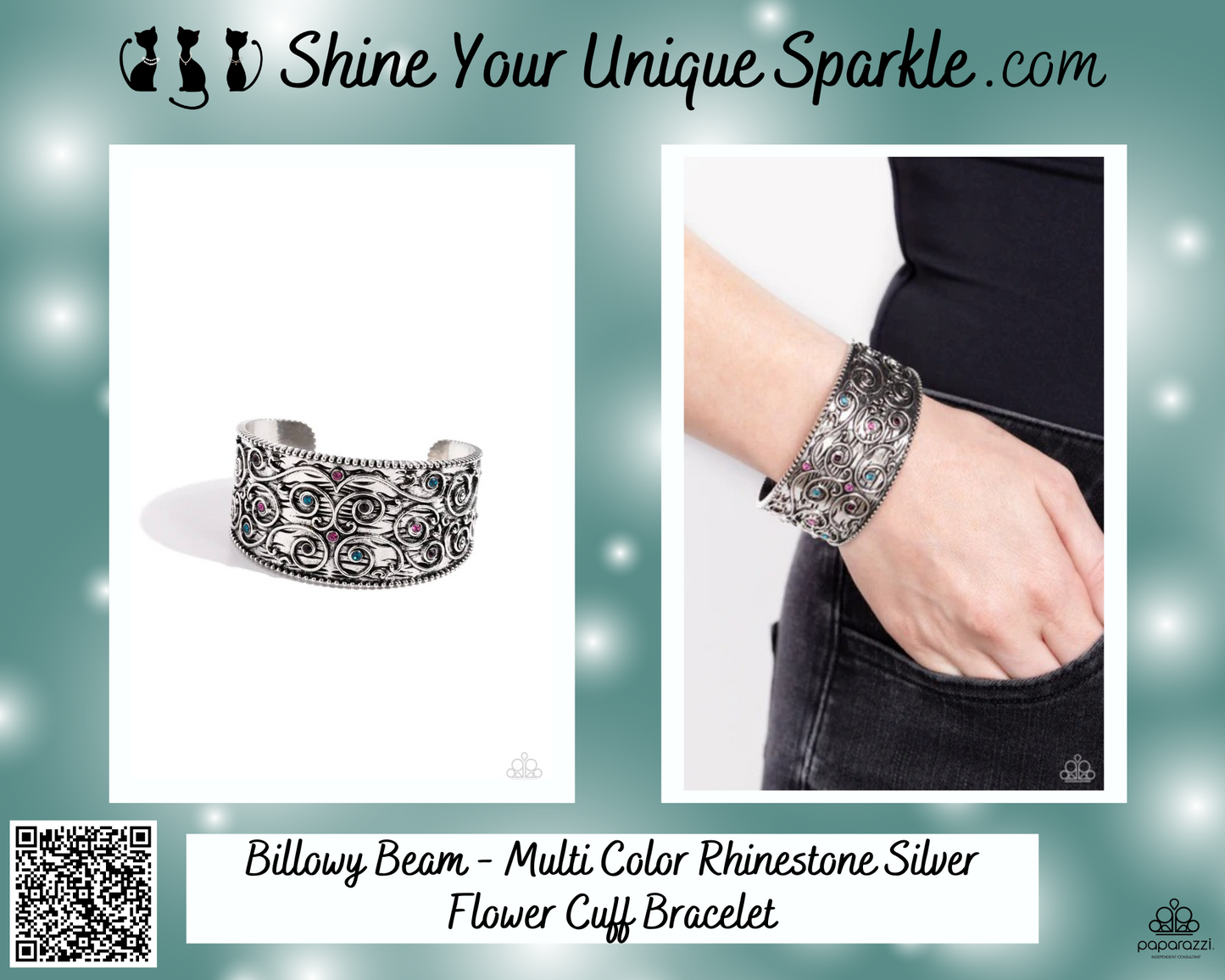 Billowy Beam - Multi Color Rhinestone Silver Flower Cuff Bracelet