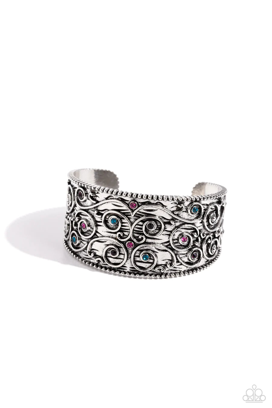 Billowy Beam - Multi Color Rhinestone Silver Flower Cuff Bracelet
