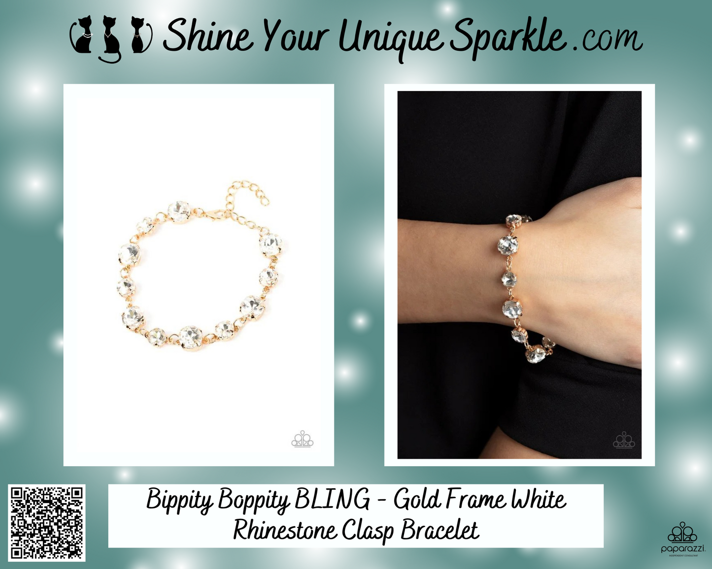 Bippity Boppity BLING - Gold Frame White Rhinestone Clasp Bracelet