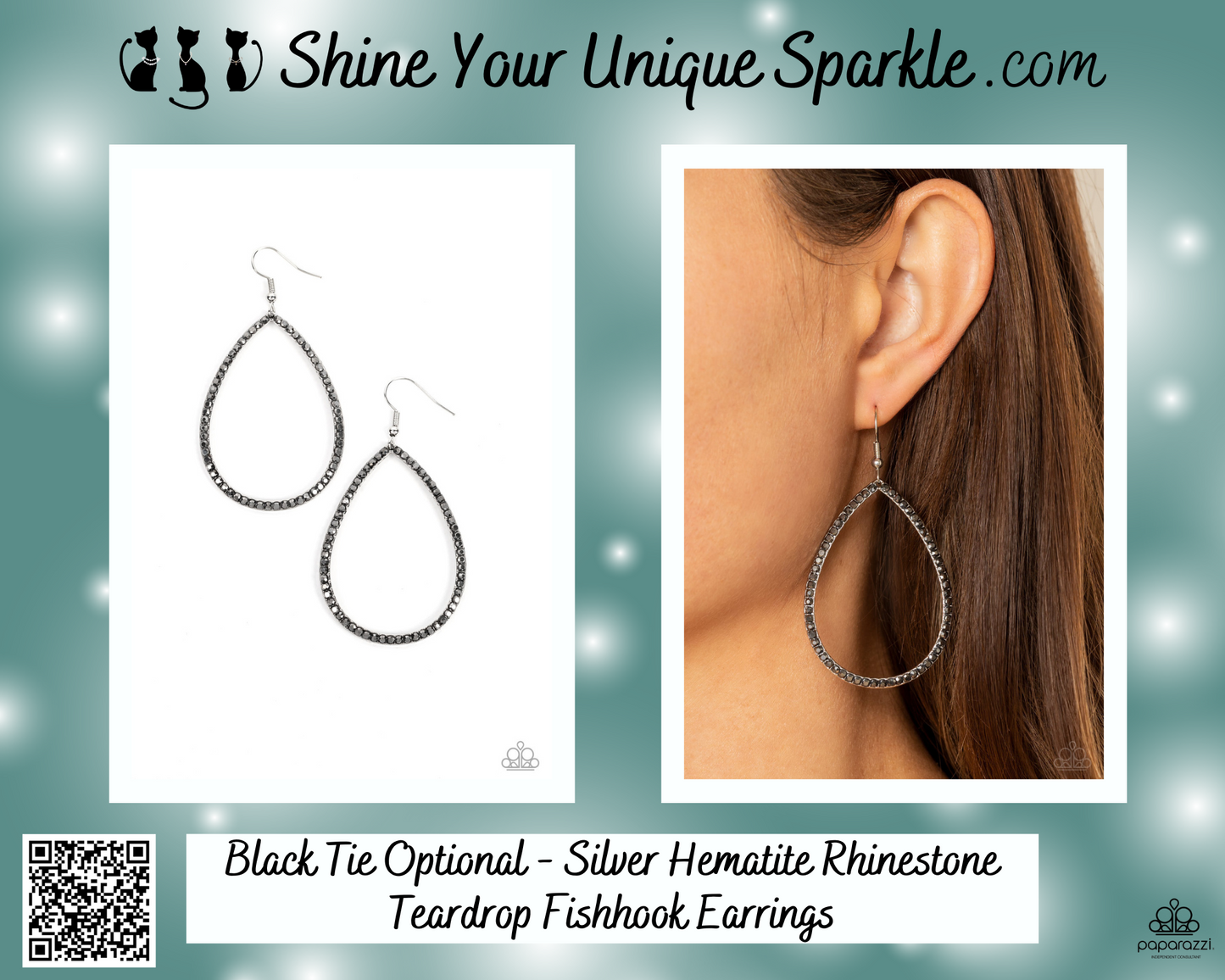 Black Tie Optional - Silver Hematite Rhinestone Teardrop Fishhook Earrings