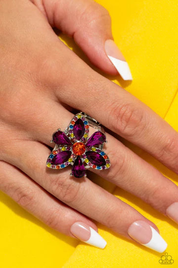 Blazing Blooms - Multi Color and Pink Gem Silver Flower Ring - Life of the Party