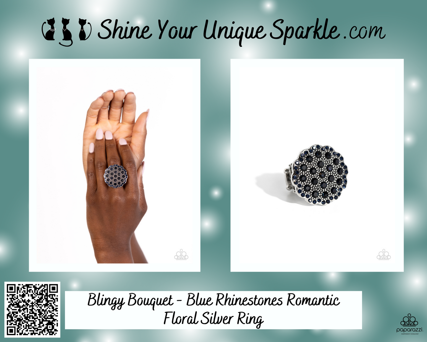 Blingy Bouquet - Blue Rhinestones Romantic Floral Silver Ring