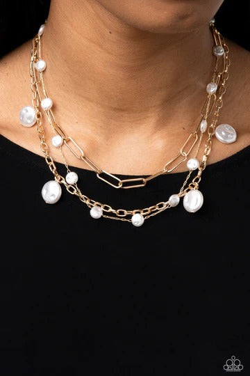 Blissful Ballad - Gold Chain White Pearl Layered Short Necklace