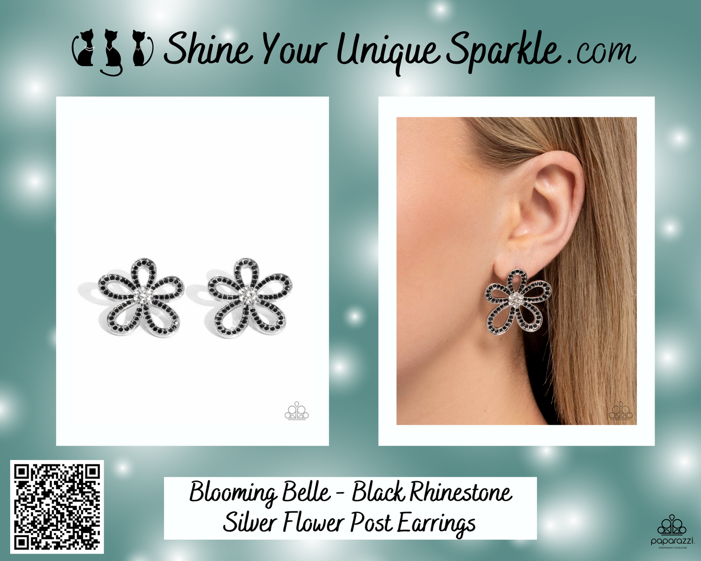 Blooming Belle - Black Rhinestone Silver Flower Post Earrings