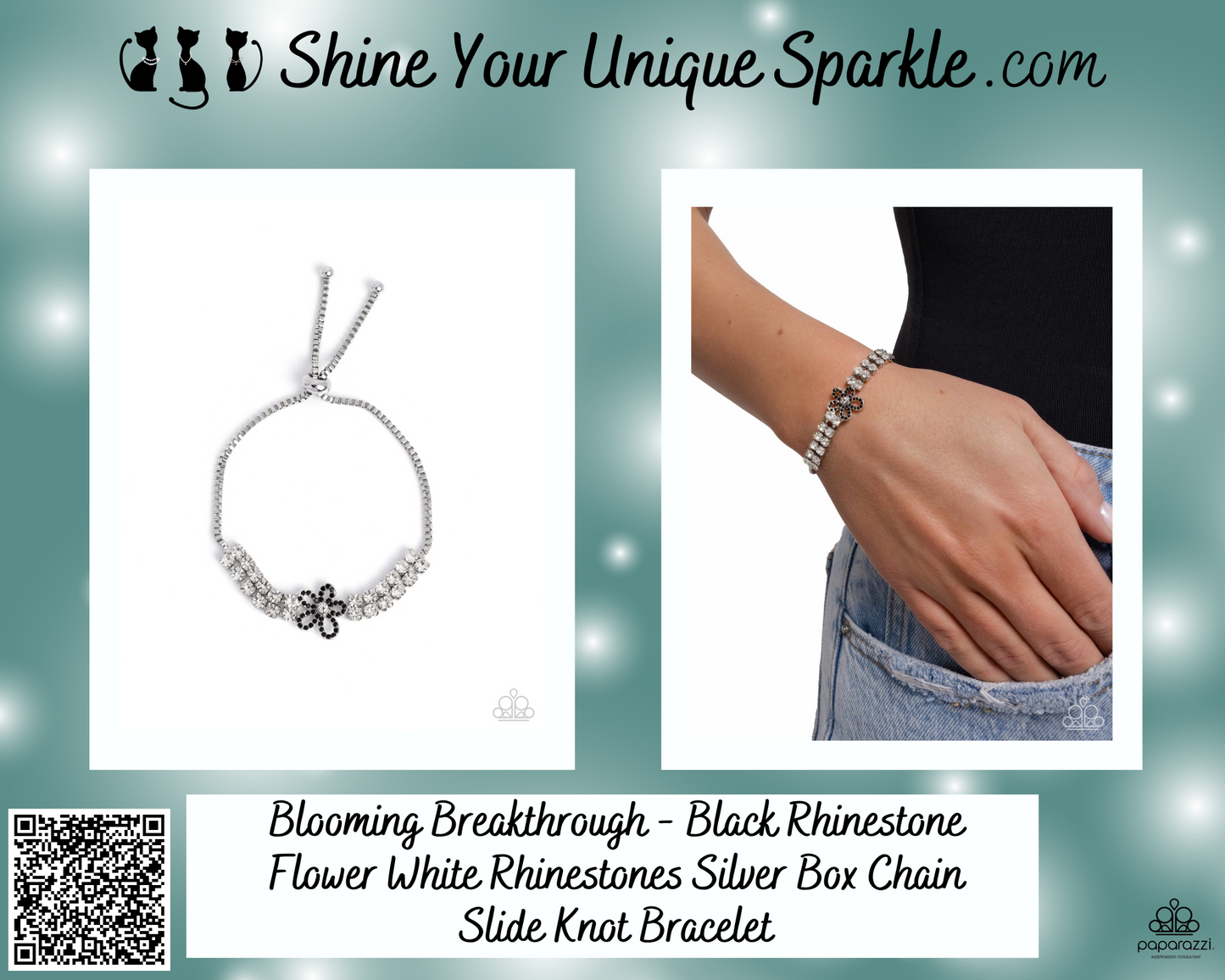 Blooming Breakthrough - Black Rhinestone Flower White Rhinestones Silver Box Chain Slide Knot Bracelet