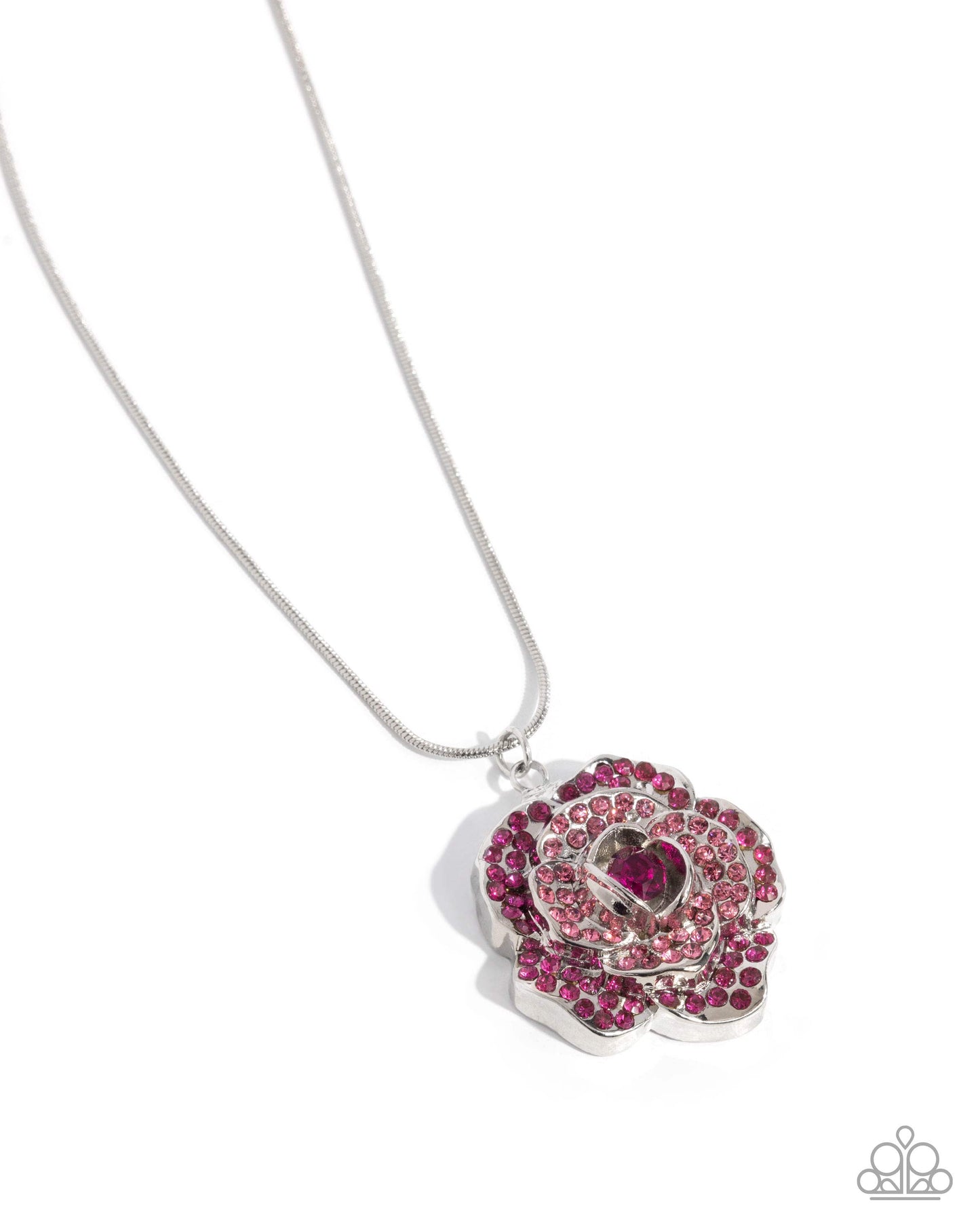 PERFECT MATCH / SET: Blossoming Belle - Pink Rhinestone Rose Silver Flower Short Necklace AND Bewitching Belle - Pink Rhinestone Rose Silver Hinge Bracelet - Life of the Party
