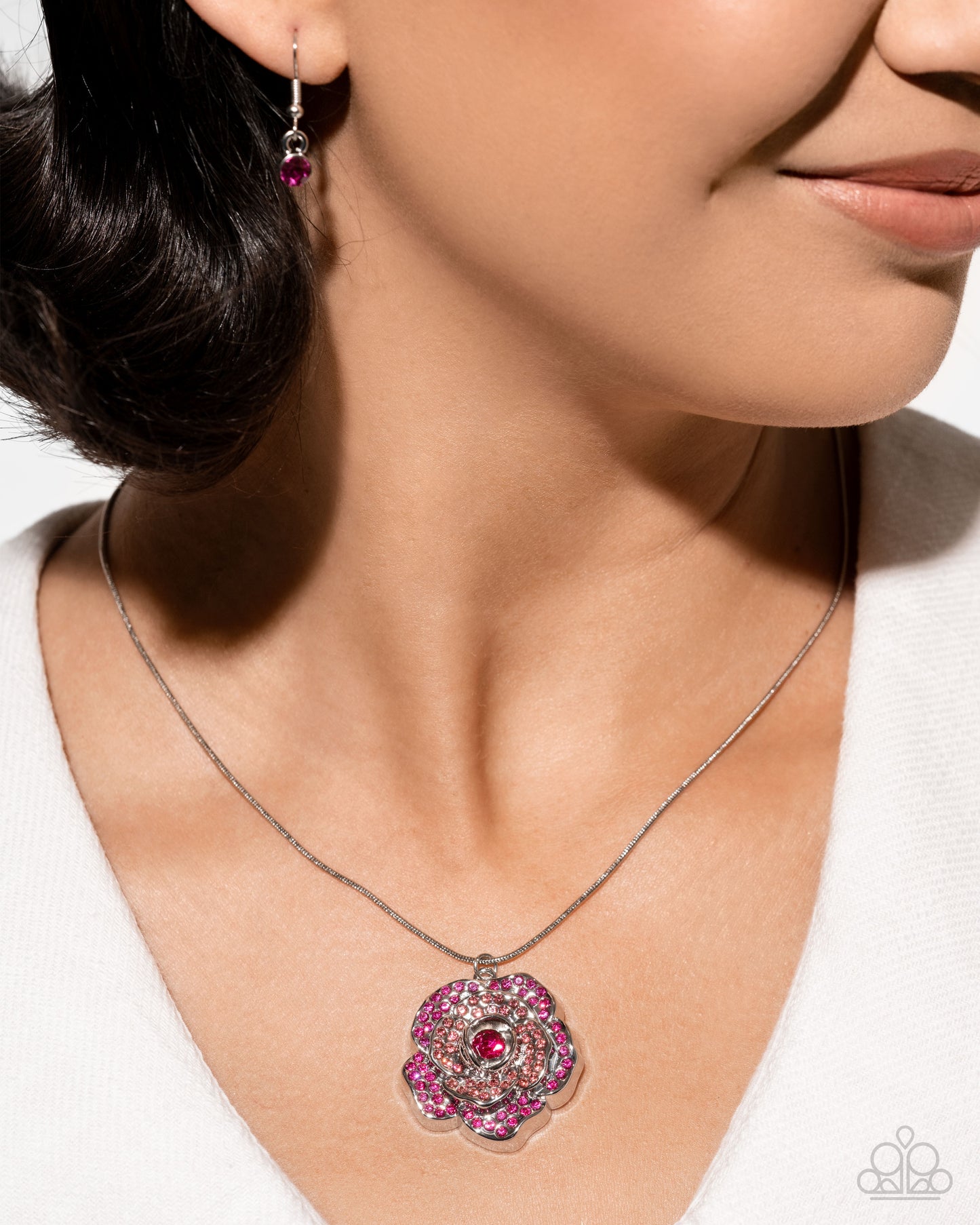 PERFECT MATCH / SET: Blossoming Belle - Pink Rhinestone Rose Silver Flower Short Necklace AND Bewitching Belle - Pink Rhinestone Rose Silver Hinge Bracelet - Life of the Party