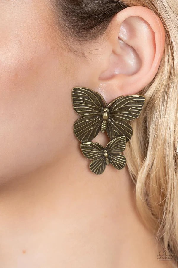 Blushing Butterflies - Brass Two Butterfly Post Earrings