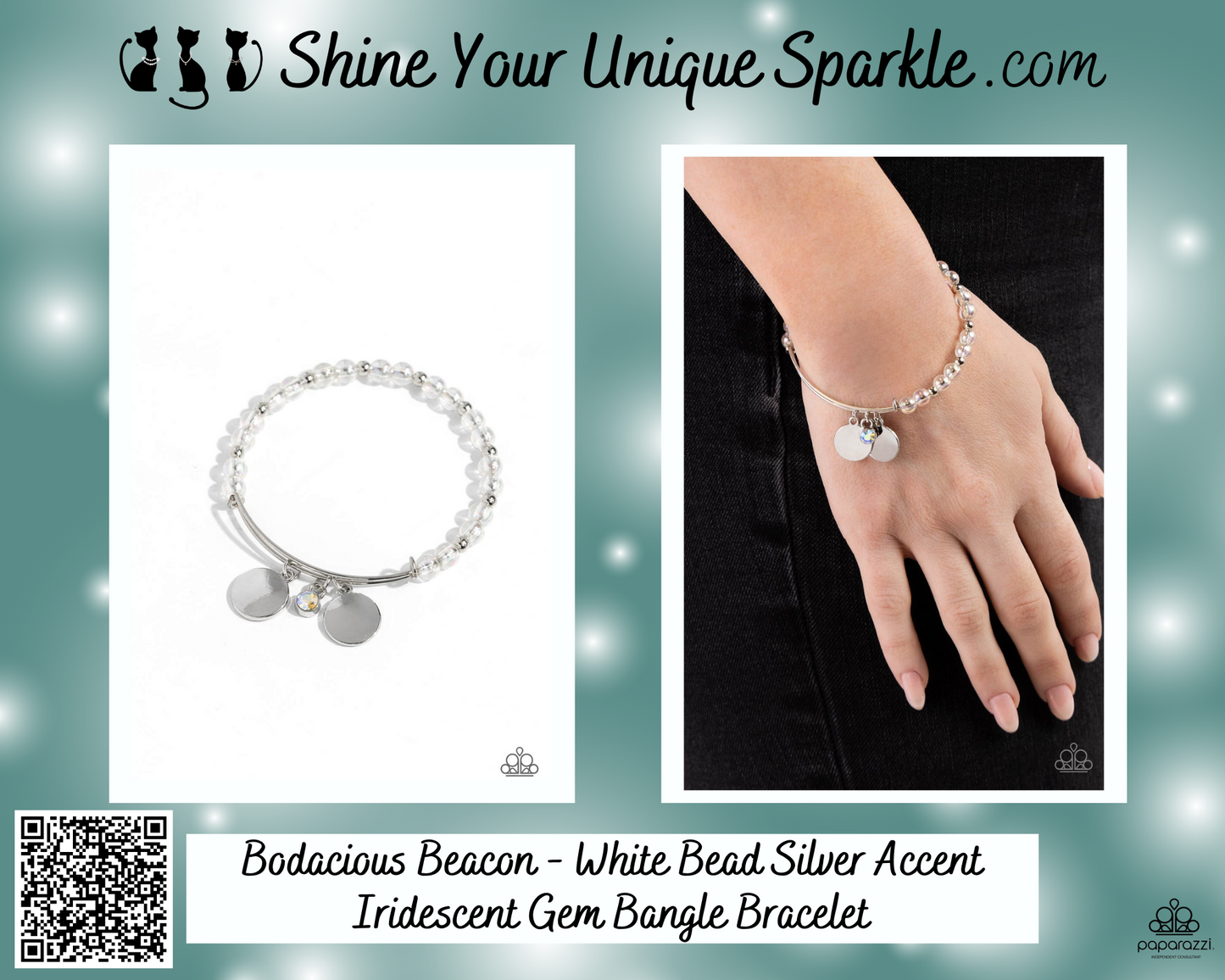 Bodacious Beacon - White Bead Silver Accent Iridescent Gem Bangle Bracelet