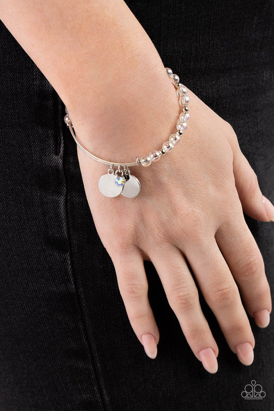 Bodacious Beacon - White Bead Silver Accent Iridescent Gem Bangle Bracelet