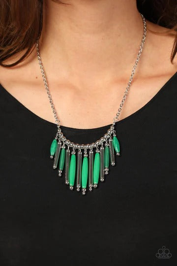 Bohemian Breeze - Green Bead Silver Short Necklace