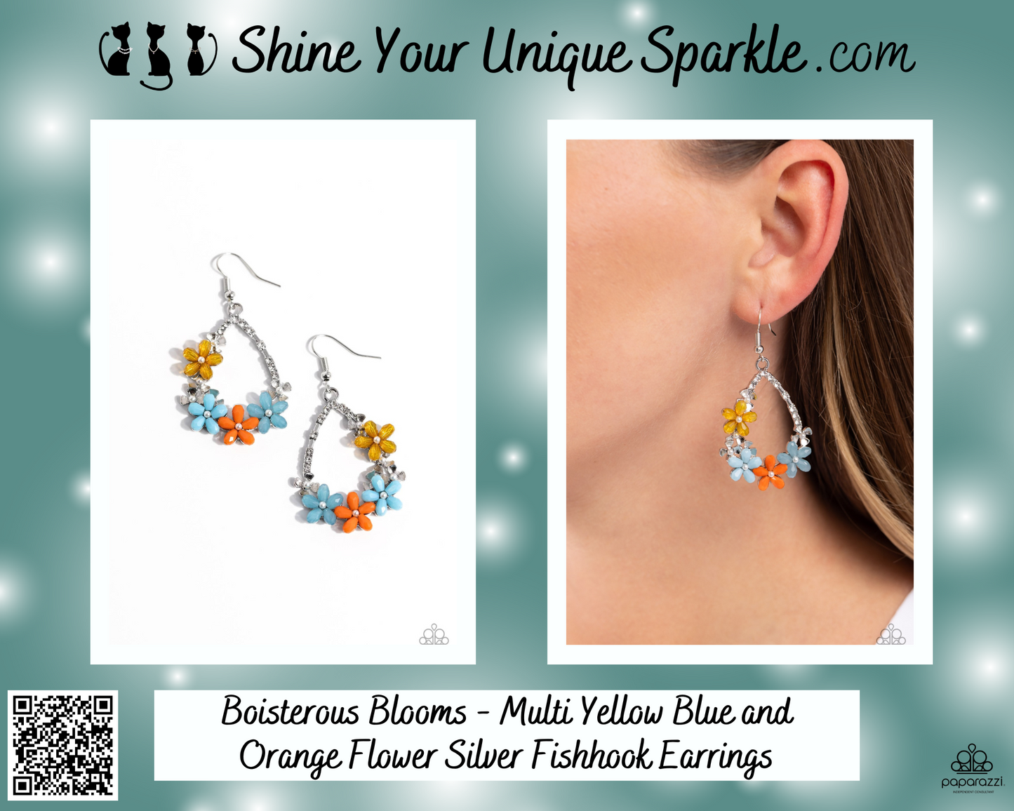 Boisterous Blooms - Multi Yellow Blue and Orange Flower Silver Fishhook Earrings