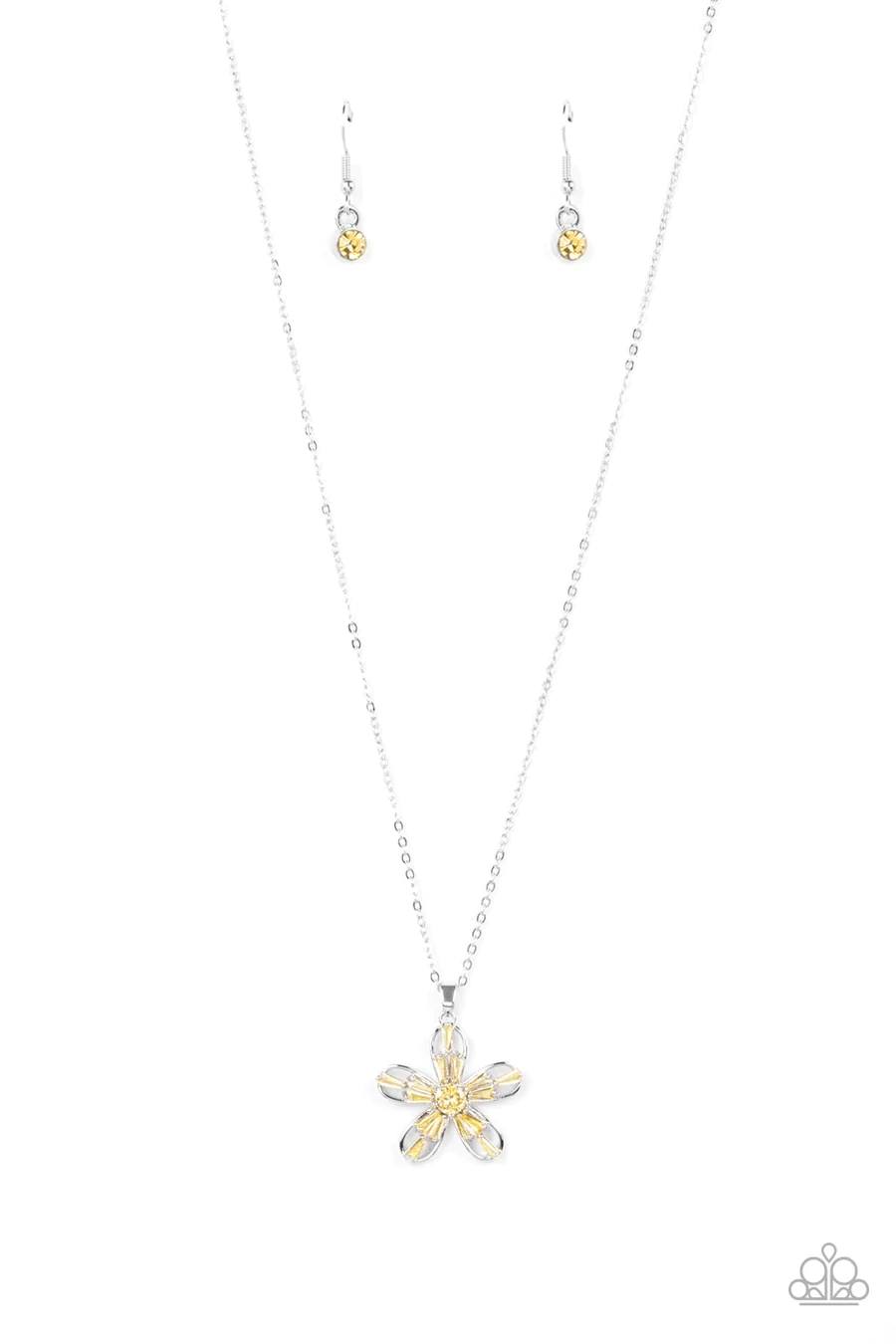 Botanical Ballad - Yellow Rhinestone Silver Flower Short Necklace