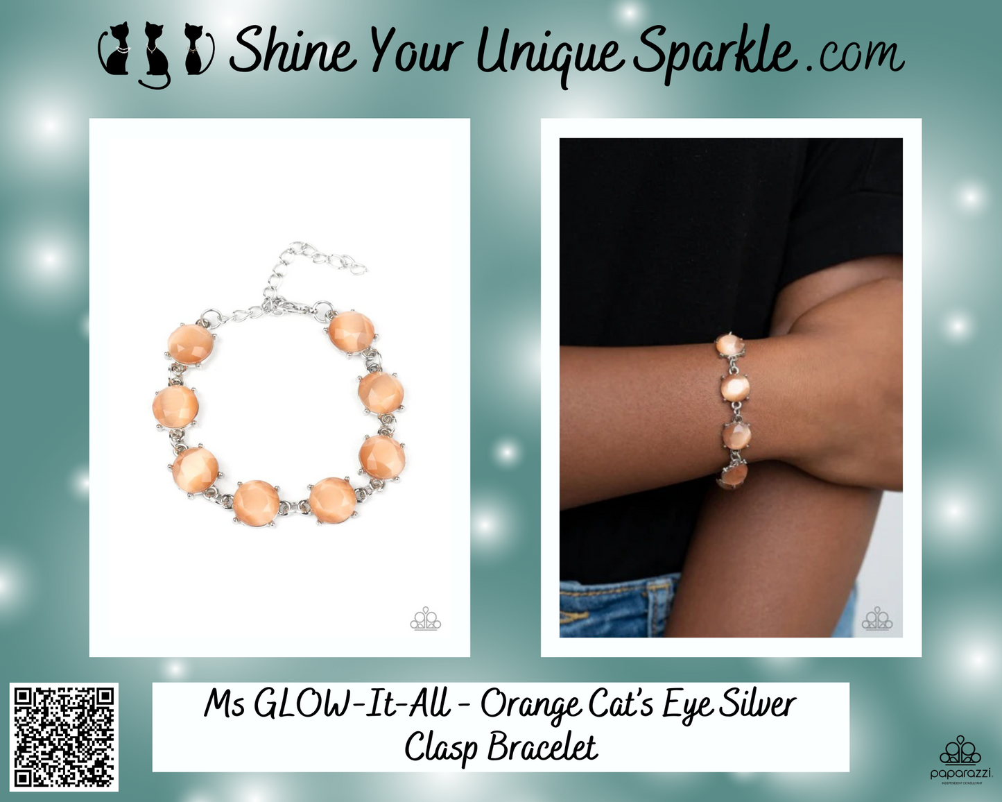 Ms Glow-It-All - Orange Cat's Eye Silver Clasp Bracelet