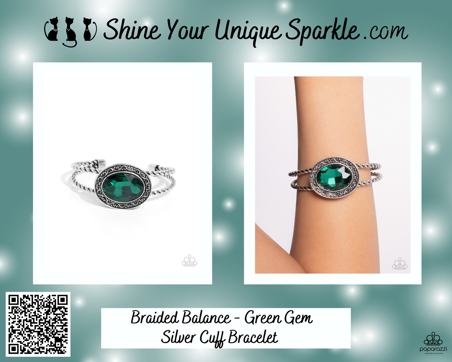 Braided Balance - Green Gem Silver Cuff Bracelet