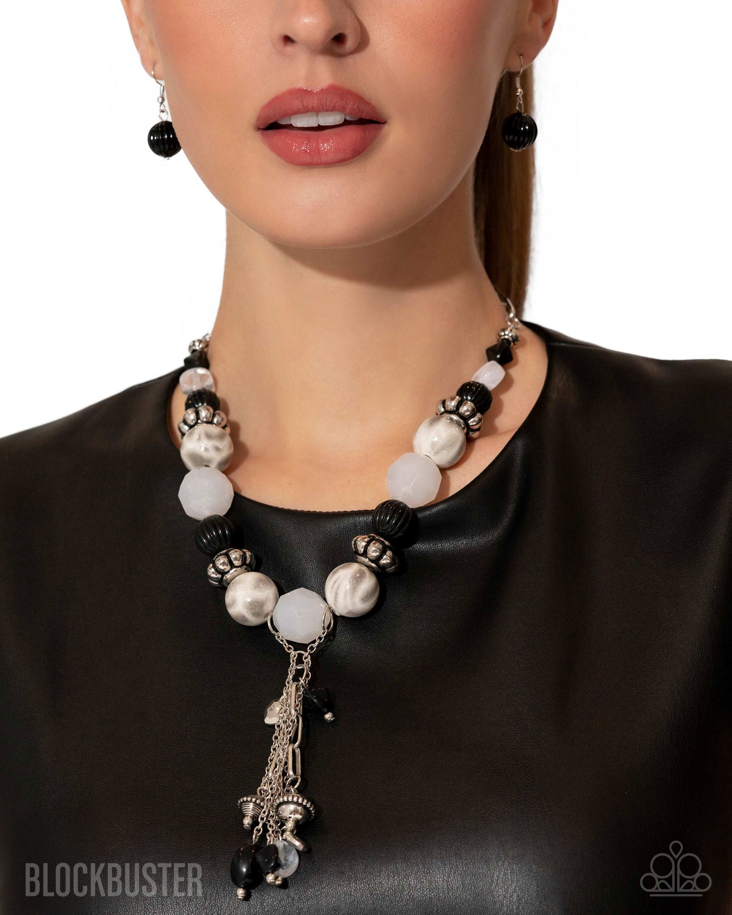 Break A Leg! - Black and White Silver Bead Blockbuster Y Necklace