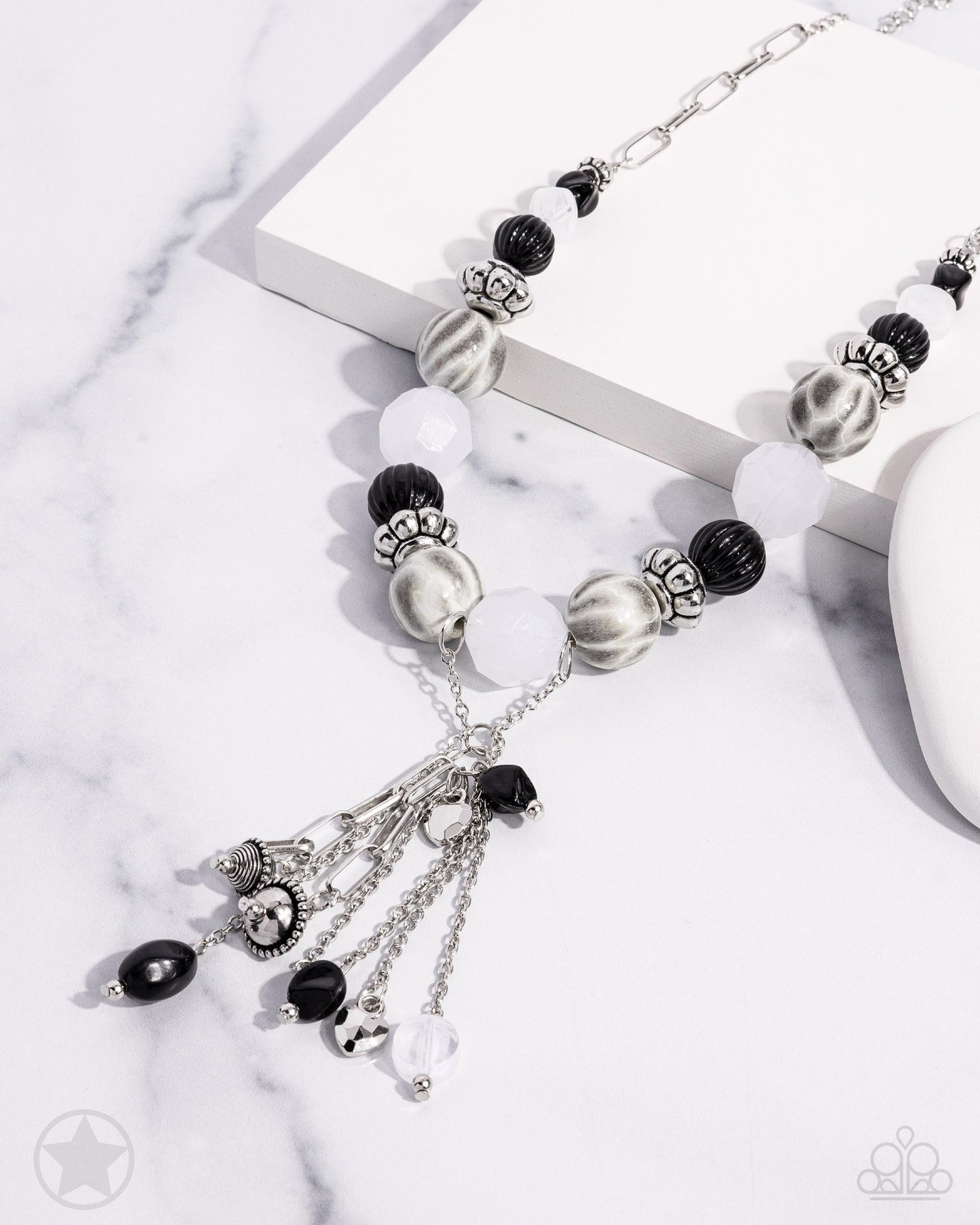 Break A Leg! - Black and White Silver Bead Blockbuster Y Necklace