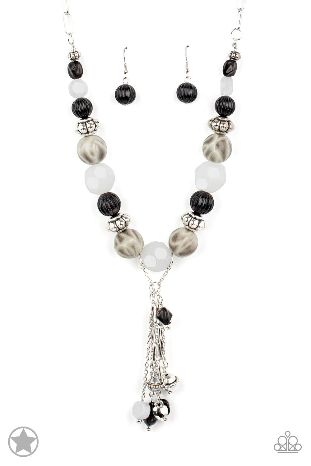 PERFECT MATCH / SET: Break A Leg! - Black and White Silver Bead Blockbuster Y Necklace and Lights! Camera! Action! - Black and White Silver Bead Blockbuster Stretchy Bracelet