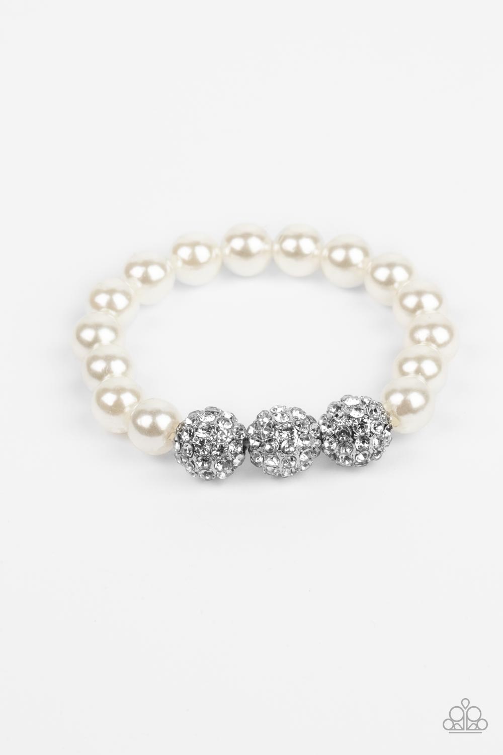 Breathtaking Ball - White Pearl Silver Rhinestone Ball Stretchy Bracelet