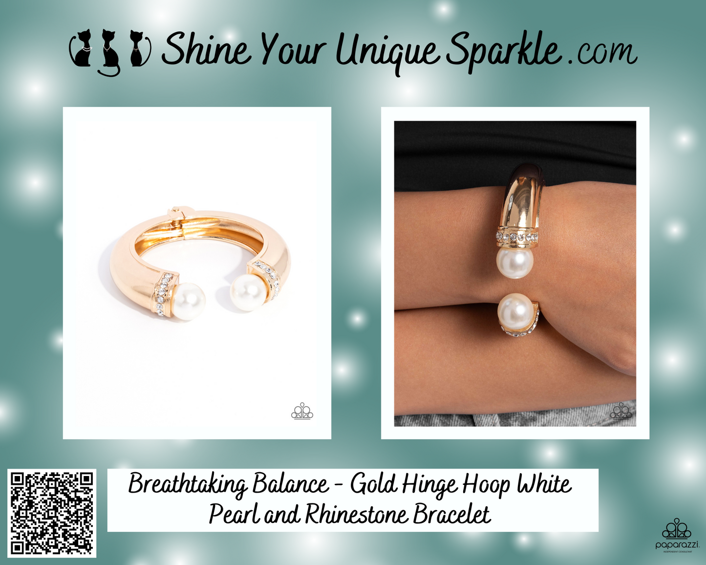 Breathtaking Balance - Gold Hinge Hoop White Pearl and Rhinestone Bracelet