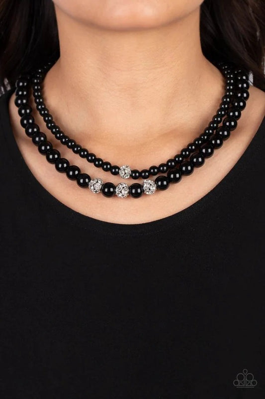 Brilliant Ballerina - Black Bead White Rhinestone Layered Short Necklace