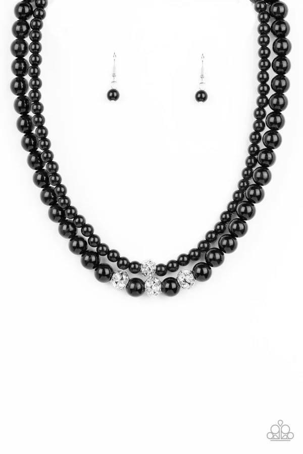 Brilliant Ballerina - Black Bead White Rhinestone Layered Short Necklace