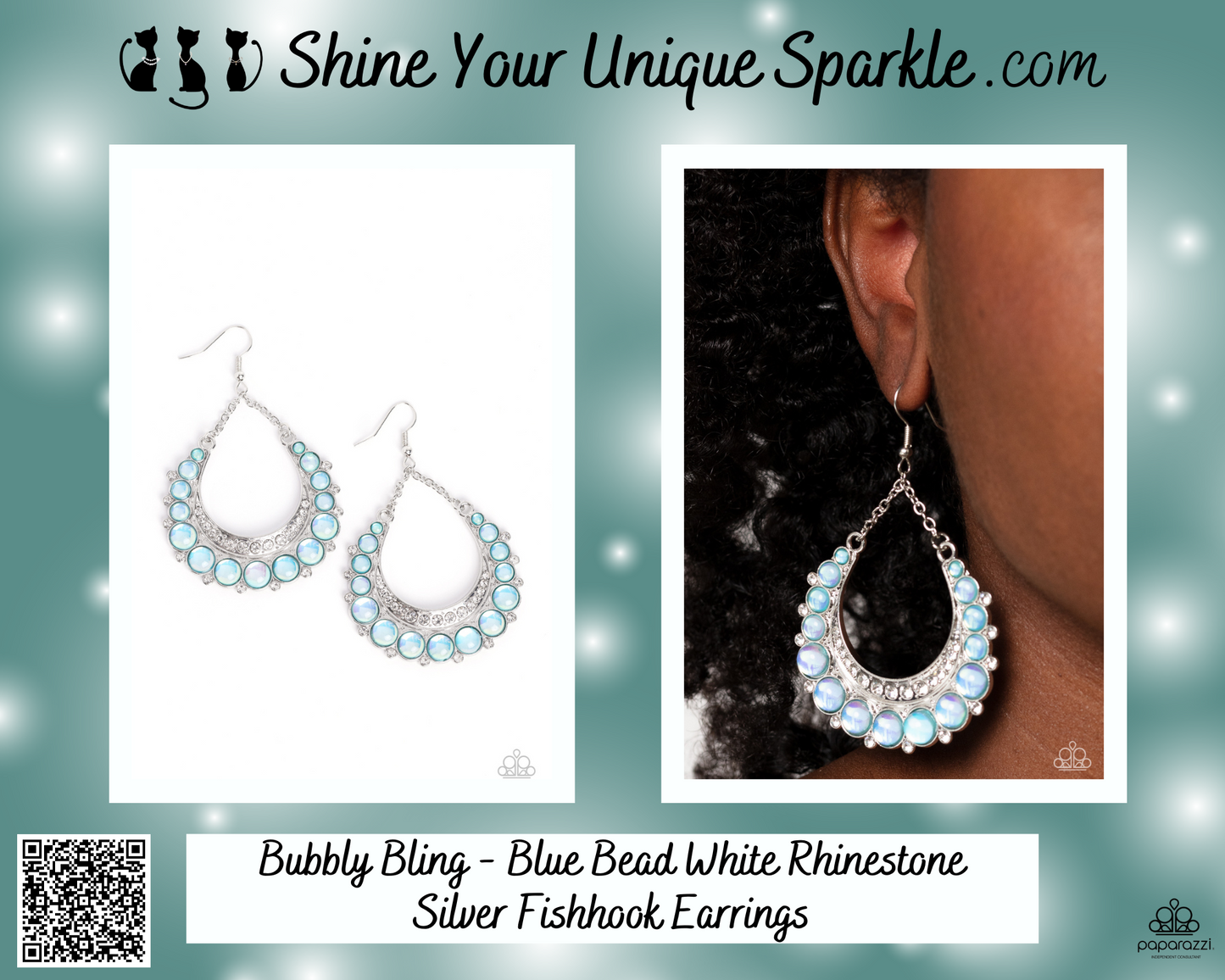 Bubbly Bling - Blue Bead White Rhinestone Silver Fishhook Earrings