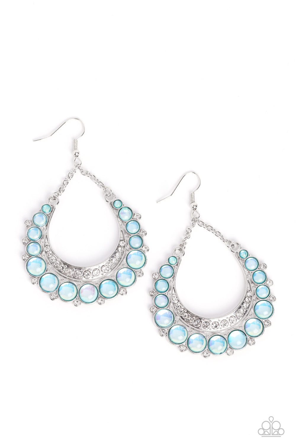 Bubbly Bling - Blue Bead White Rhinestone Silver Fishhook Earrings