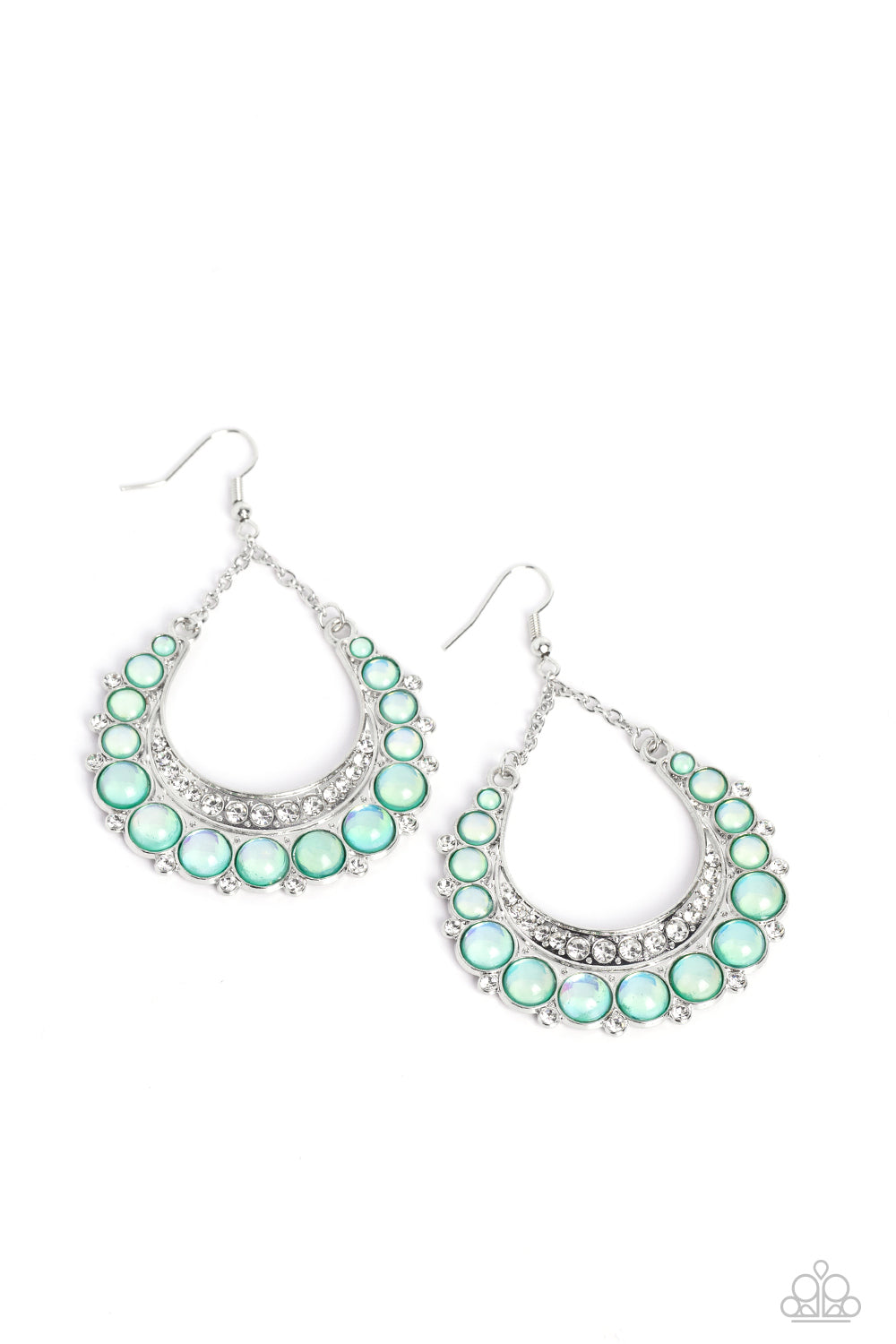 Bubbly Bling - Green Bead White Rhinestone Silver Fishhook Earrings