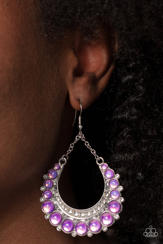 Bubbly Bling - Purple Bead White Rhinestone Silver Fishhook Earrings