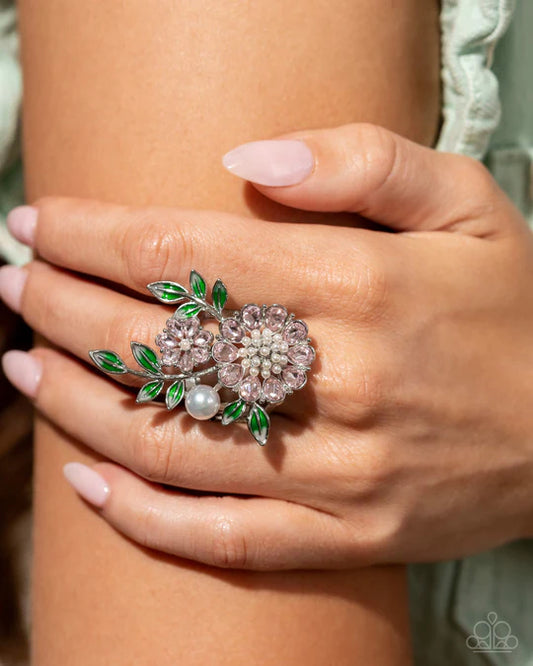 Budding Bling - Pink Rhinestone White Pearl Green Leaf Silver Flower Ring - Life of the Party