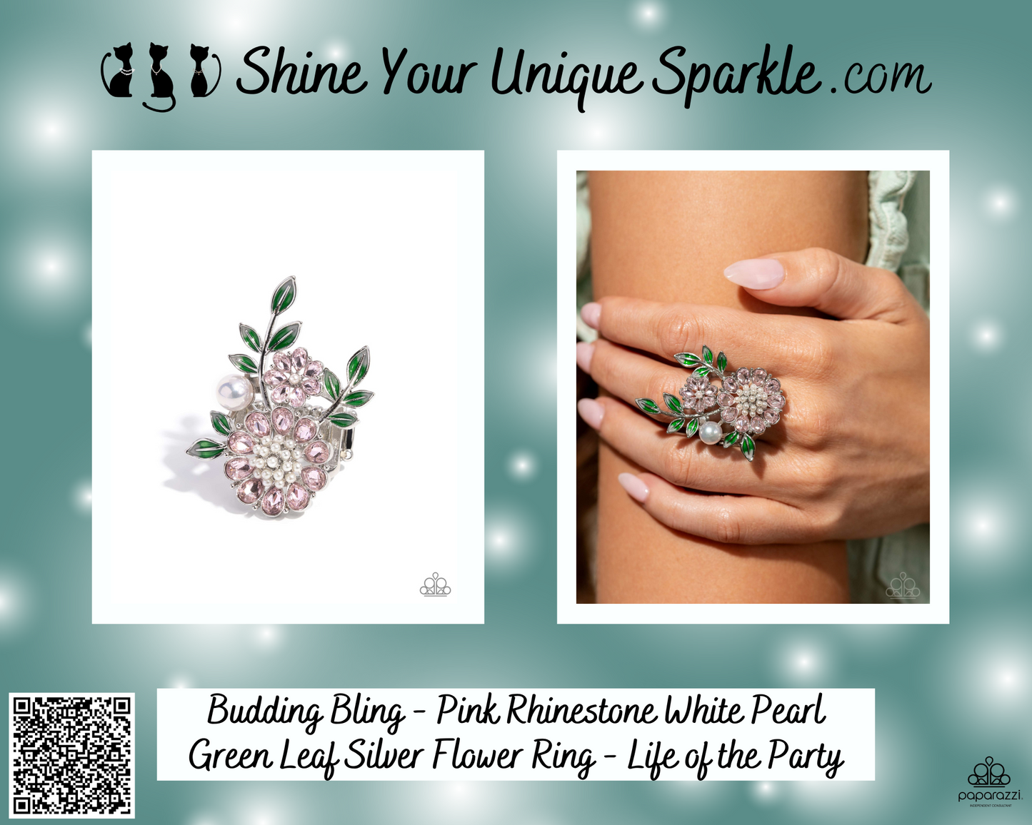 Budding Bling - Pink Rhinestone White Pearl Green Leaf Silver Flower Ring - Life of the Party