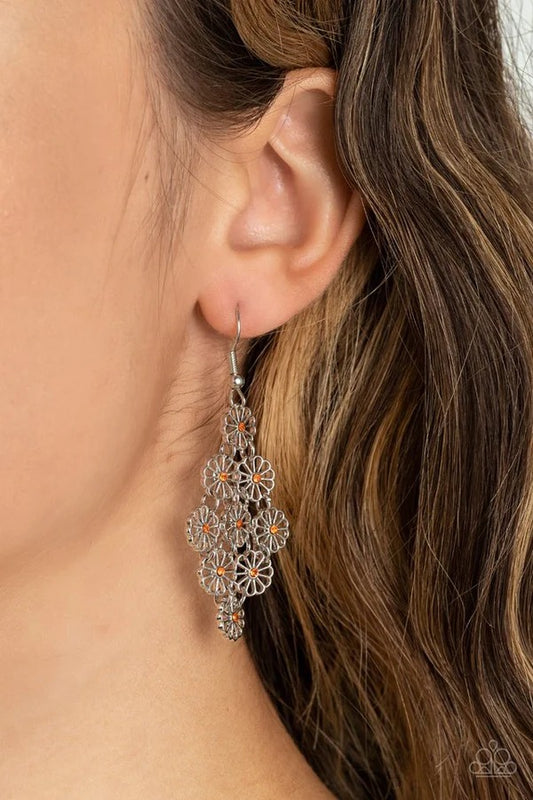 Bustling Blooms - Orange Rhinestone Silver Circle Fishhook Earrings