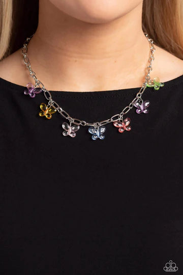 Butterfly Balance - Multi Color Silver Paperclip Chain Short Necklace - Summer Party Pack 2023 Exclusive